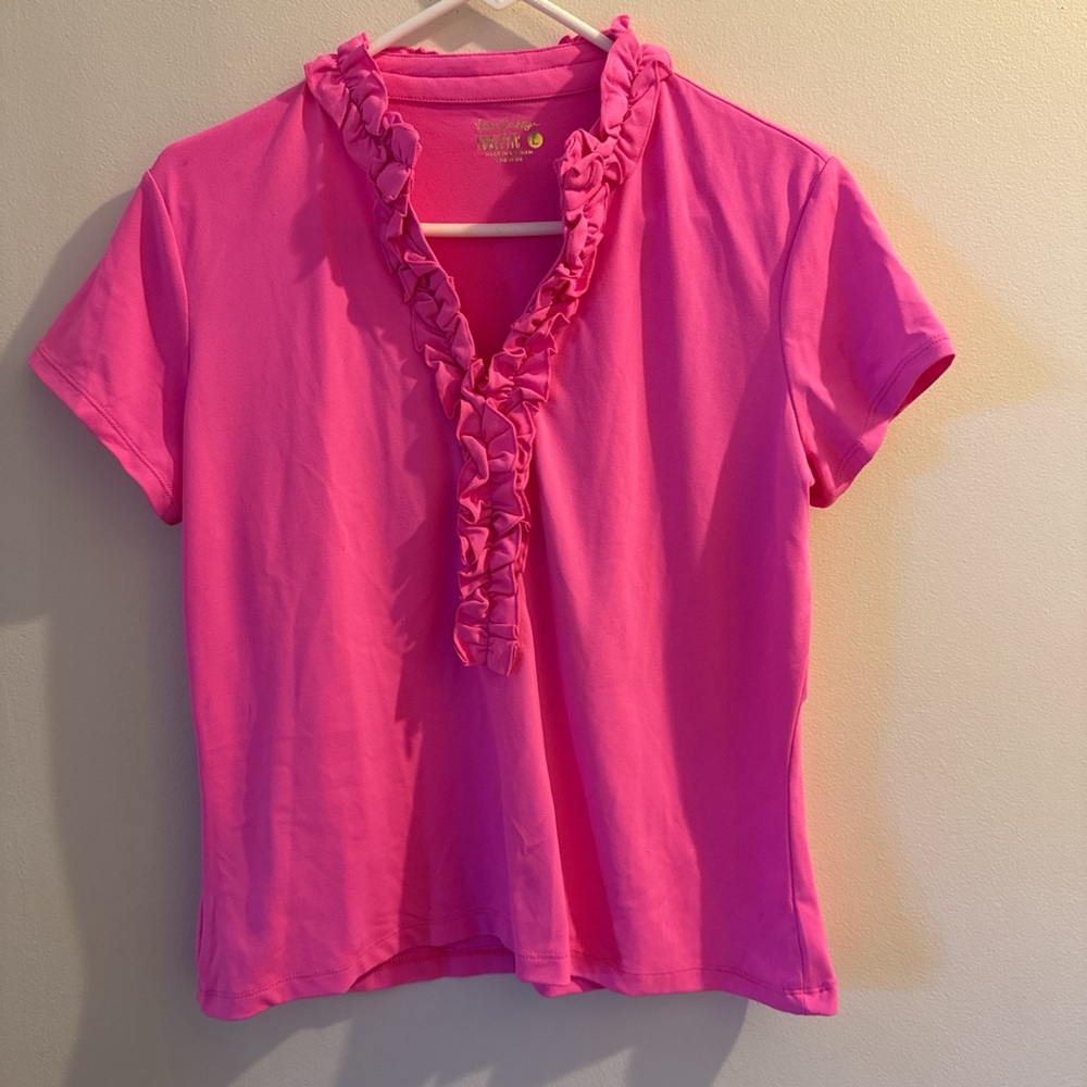 Lilly Pulitzer Pink Ruffle V-Neck Short Sleeve Tank Top 50spf